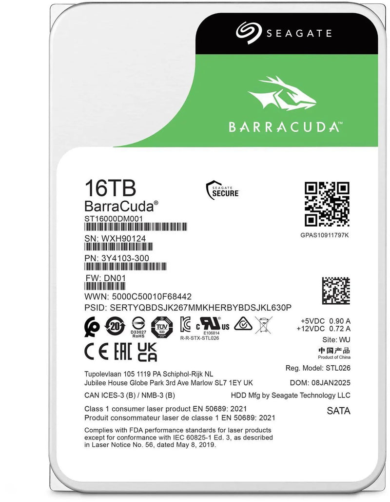 Seagate BarraCuda 16TB SATA 3.5in 7200RPM Internal Hard Drive 512MB Cache
