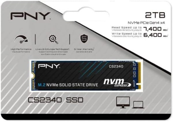 Retail packaging of PNY CS2340 2TB SSD with PCIe Gen4 branding and performance specs