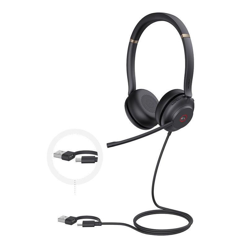 Yealink UH37 Stereo MS Headset USB-C Noise Cancelling Mic Leather C/A Adapter