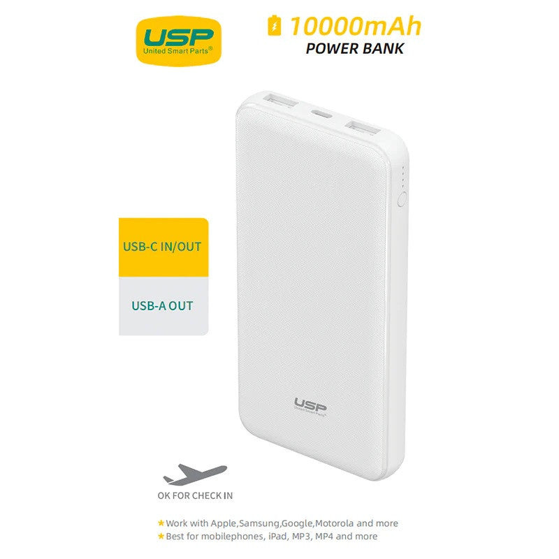 USP 10K mAh Power Bank (37W) USB-C, Dual USB-A, White