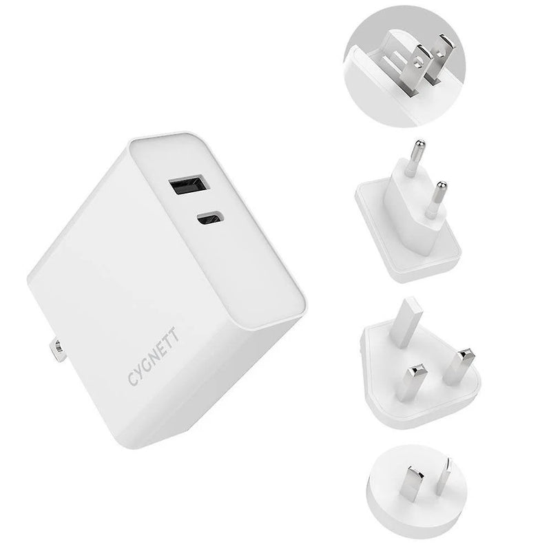 Cygnett PowerPlus 60W Dual Wall Charger (USB-A & USB-C PD) + USB-C Cable (1.5M) + Travel Adapters - White (CY3090POPLU)