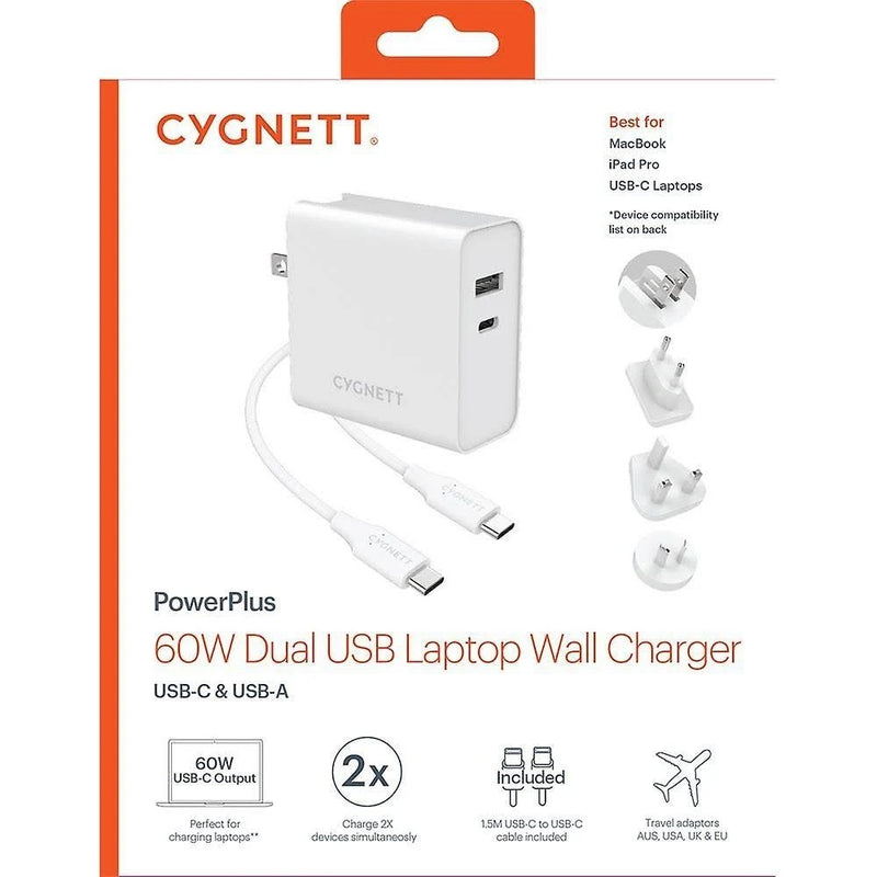Cygnett PowerPlus 60W Dual Wall Charger (USB-A & USB-C PD) + USB-C Cable (1.5M) + Travel Adapters - White (CY3090POPLU)