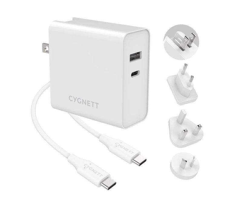 Cygnett PowerPlus 60W Dual Wall Charger (USB-A & USB-C PD) + USB-C Cable (1.5M) + Travel Adapters - White (CY3090POPLU)