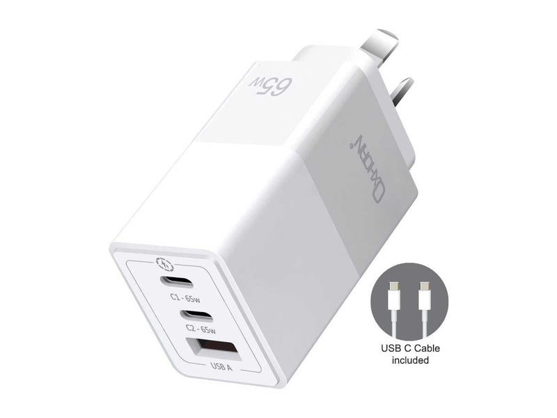 Oxhorn 65W GaN Type C fast Charger 3 Port 2xUSB-C 1xUSB-A with cable