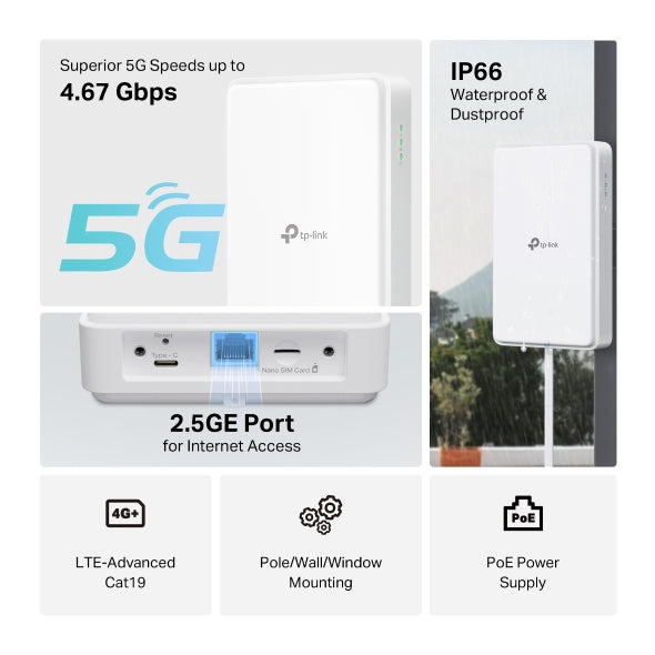 TP-Link NE200-Outdoor 5G Outdoor Router 4.67Gbps LTE Cat19 2.5GbE PoE IP66