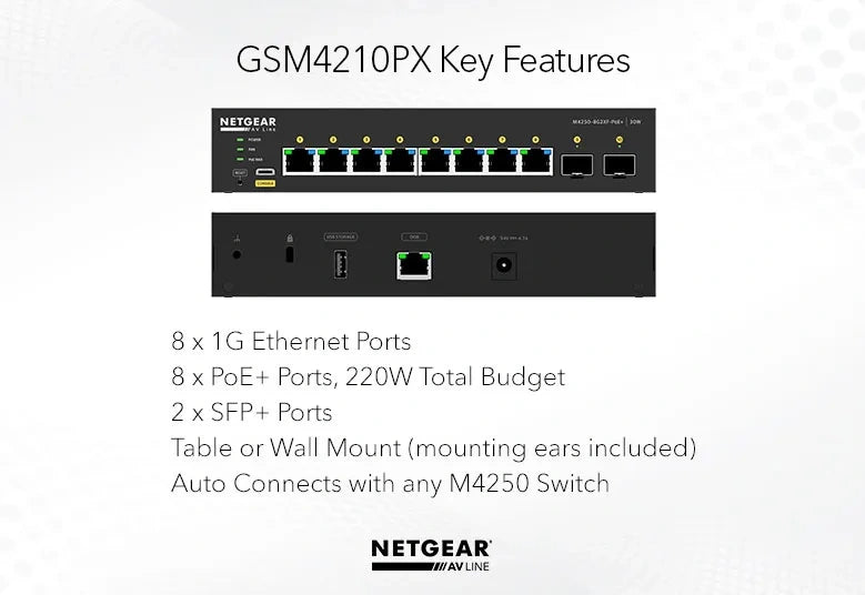 NETGEAR 8 Port Managed L2 PoE+ AV Switch 8x PoE+ 2x SFP+ 220W Lifetime