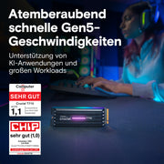Person using a computer with Crucial memory stick and German text about Gen5 speeds and support for AI applications.