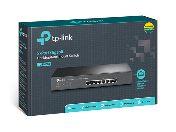 TP-LINK TL-SG1008, 8-PORT GIGABIT SWITCH, 8 10/100/1000M RJ45 PORTS, 1U RACK-MOUNTABLE STEEL CASE, 3 YEARS