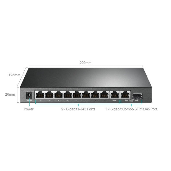 TP-LINK TL-SG1210MPE, 10-PORT GIGABIT EASY SMART SWITCH, 9XGIGABIT PORT, 1XSFP PORT, LAYER 2, FANLESS, 5 YEAR WARRANTY