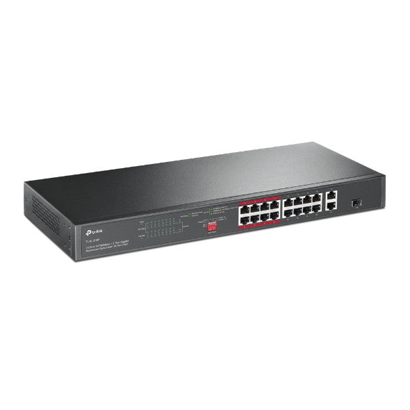 TP-LINK 16-PORT MANAGED GIGABIT RACK SWITCH,10/100 RJ45 POE+(16),GbE(2),SFP(1),5YR WTY - TL-SL1218P