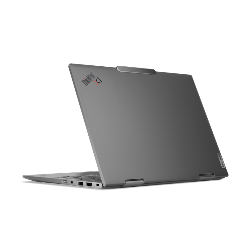 A rear view of the ThinkPad 2IN1 G10 Aura Edition Laptop, with the lid half open.