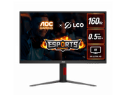 Gaming monitor with AOC and LCO branding, displaying esports graphics and specifications.