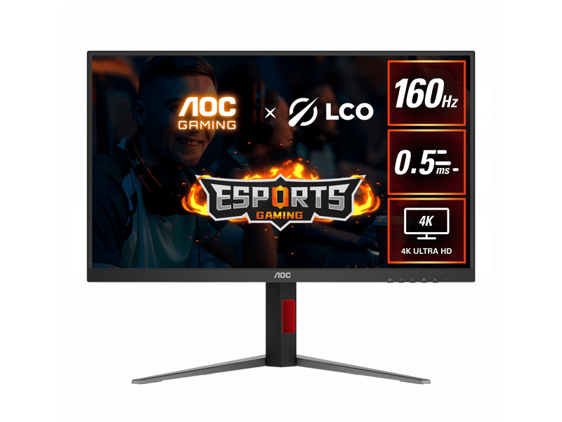 Gaming monitor with AOC and LCO branding, displaying esports graphics and specifications.