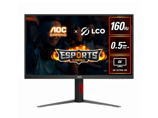 Gaming monitor with AOC and LCO branding, displaying esports graphics and specifications.