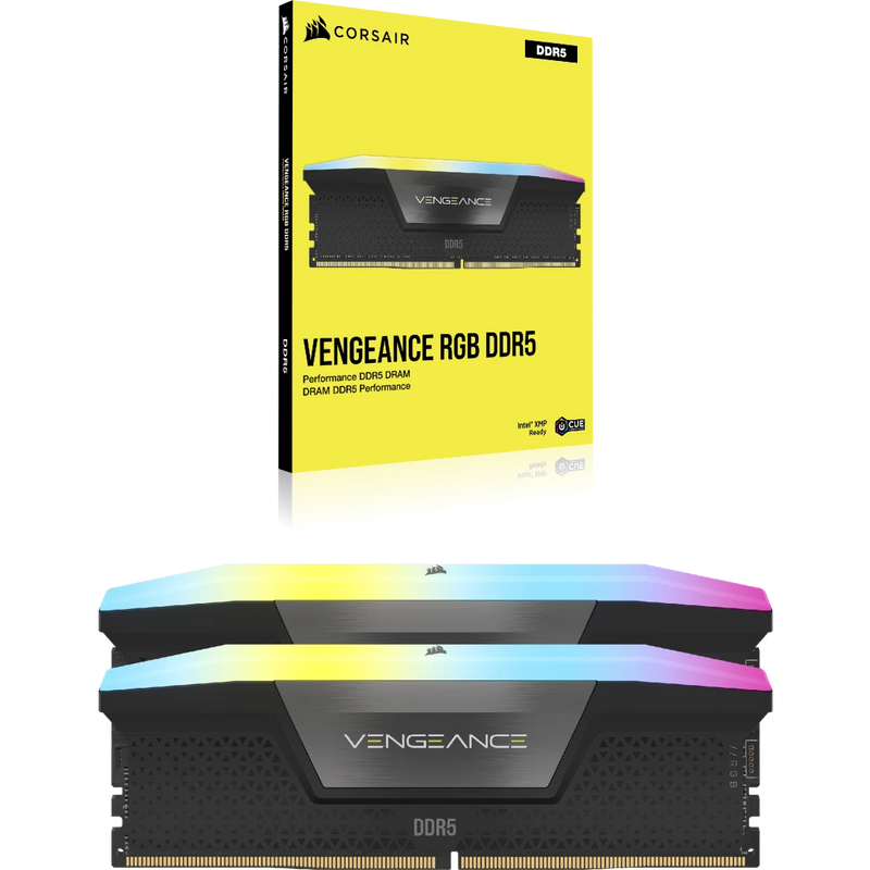 Corsair Vengeance RGB DDR5 RAM with packaging on a white background