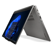 A Lenovo L13 Yoga Gen 6 grey, fully folded down to 180° to accentuate the hinge actuation range.