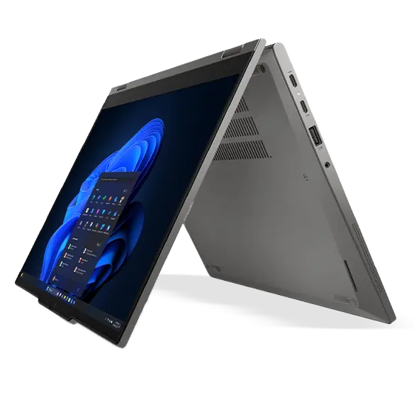 A Lenovo L13 Yoga Gen 6 grey, fully folded down to 180° to accentuate the hinge actuation range.