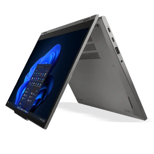 A Lenovo L13 Yoga Gen 6 grey, fully folded down to 180° to accentuate the hinge actuation range.