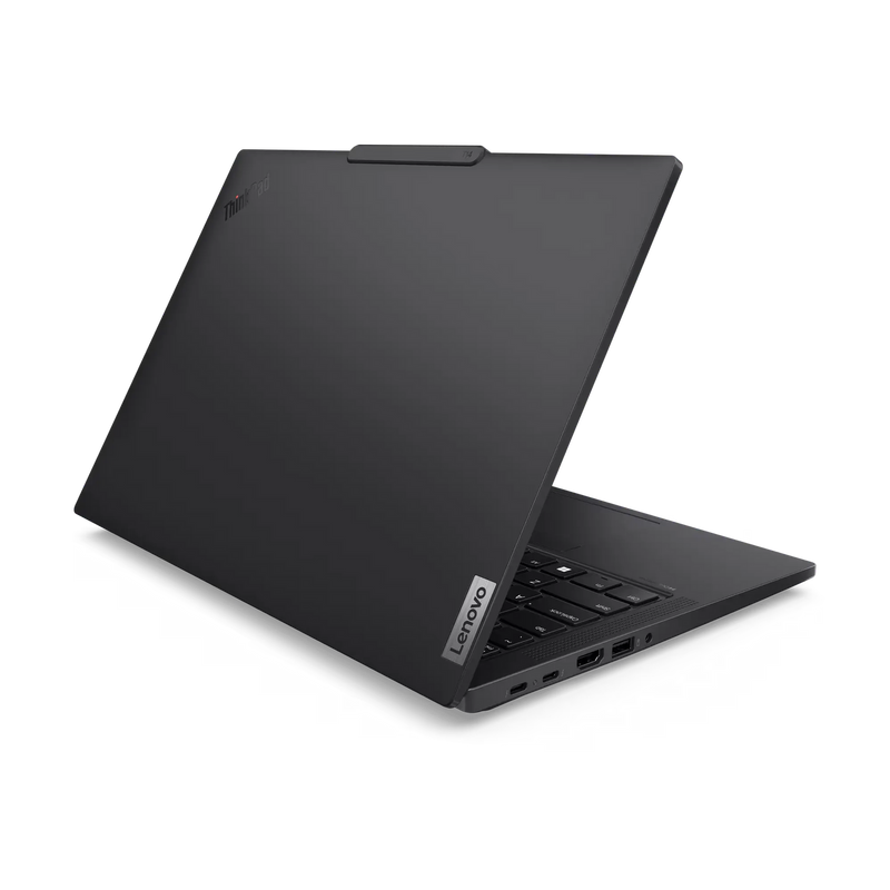 A rear view of the Lenovo T14 Gen 6 black Notebook, with the lid half open