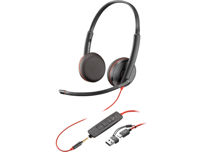 HP POLY BLACKWIRE C3225 UC STEREO USB-C CORDED HEADSET, 3.5MM & USB-C/A ADAPTOR - 8X229AA