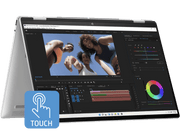 Laptop displaying video editing software with a 'Touch' icon on a green background