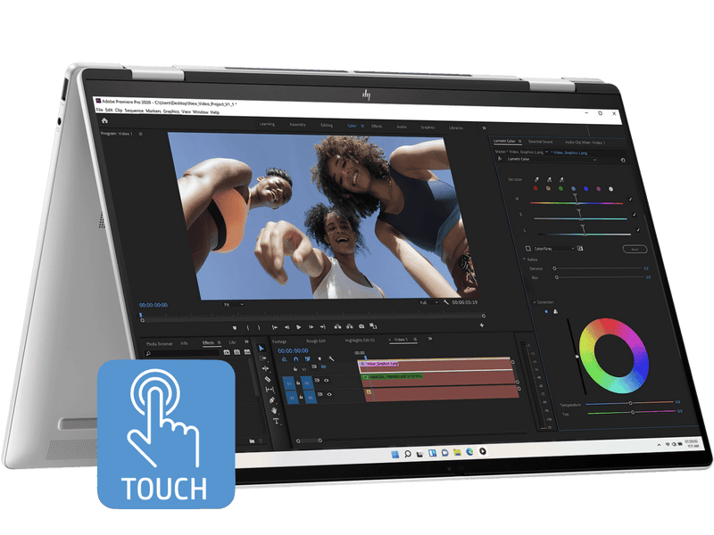 Laptop displaying video editing software with a 'Touch' icon on a green background