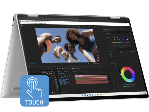 Laptop displaying video editing software with a 'Touch' icon on a green background