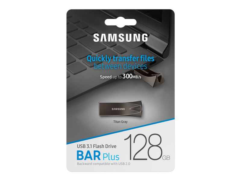 SAMSUNG (BAR PLUS) 128GB USB DRIVE, 300R/50W MB/S, USB 3.1, GREY METALLIC, 5YR WTY - MUF-128BE4/APC