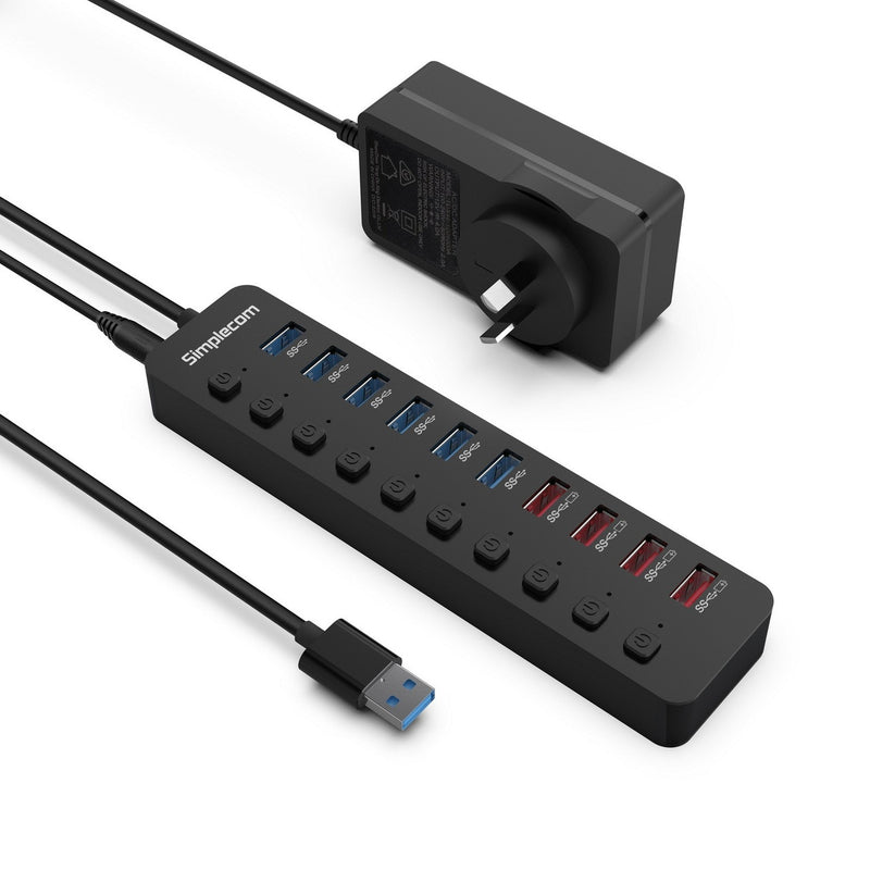 Simplecom CHU810 48W 10-Port USB 3.0 Hub and Charger + Individual Switches Fast Charging