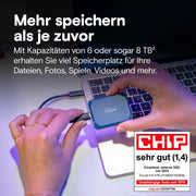 Person holding an external SSD with a laptop, text about storage capacity, and CHIP magazine rating.