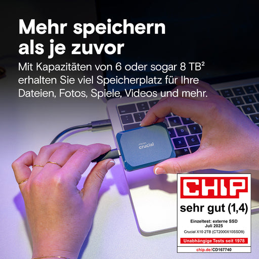 Person holding an external SSD with a laptop, text about storage capacity, and CHIP magazine rating.