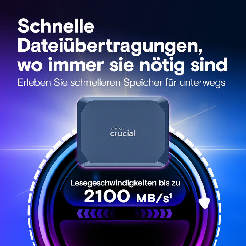  Crucial memory device with German text on a blue and purple gradient background