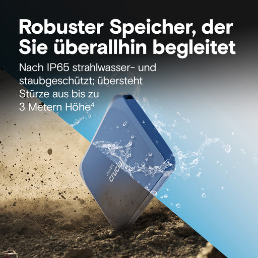 Portable power bank being splashed with water on a textured surface, with text about its durability.