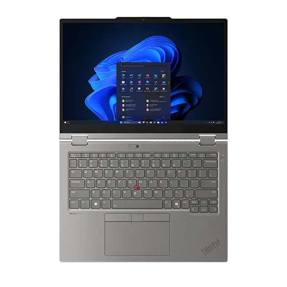 A Lenovo L13 Yoga Gen 6 grey laptop, fully folded down to 180° to accentuate the hinge actuation range.