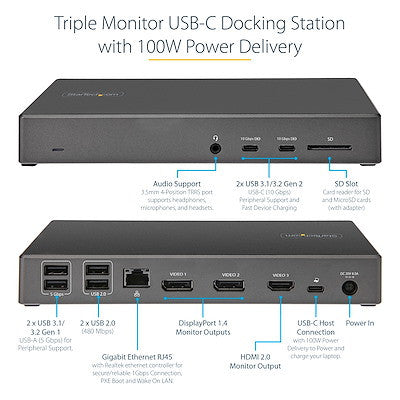 STARTECH USB-C TRIPLE 4K DOCK, DP(2),HDMI(2), 100W, 3YR - DK31C2DHSPD