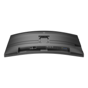 Rear view of Philips curved ultrawide monitor with USB-C dock, RJ45 port, and built-in stereo speakers