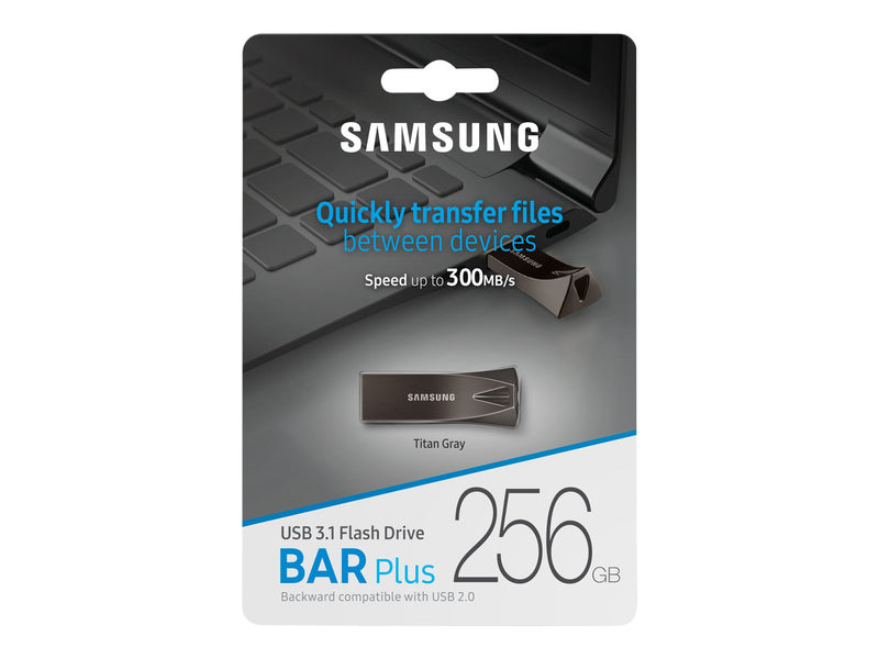 SAMSUNG (BAR PLUS) 256GB USB DRIVE, 300R/80W MB/S, USB 3.1, GREY METALLIC, 5YR WTY - MUF-256BE4/APC