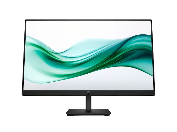Computer monitor with a green and blue wave design on the screen, on a white background