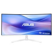 ASUS monitor viewed from the front showing a wide curved screen with thin bezels and white frame