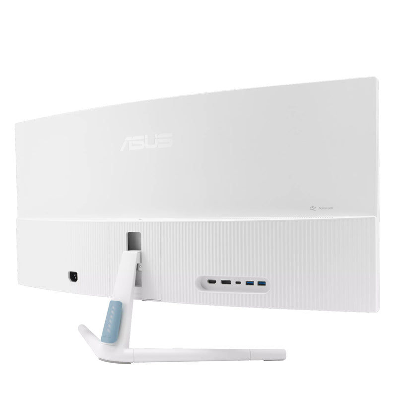 ASUS monitor viewed from the side showing screen curvature, white casing, and visible ports including USB-C and HDMI