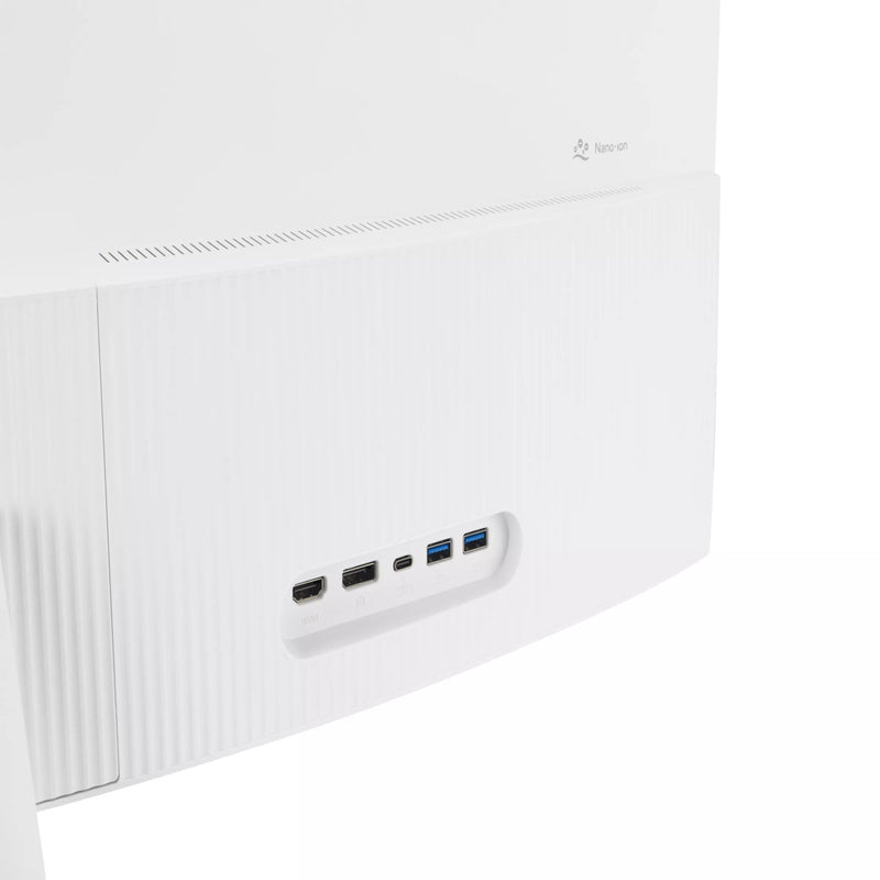 Back of ASUS monitor showing white panel with ventilation slits, multiple ports, and stand attachment