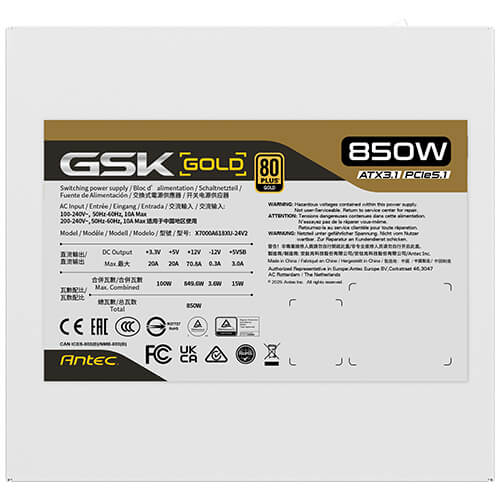 Antec GSK850 V2 WH ATX 3.1 Power Supply 850W Fully Modular 80 Plus Gold PCIe