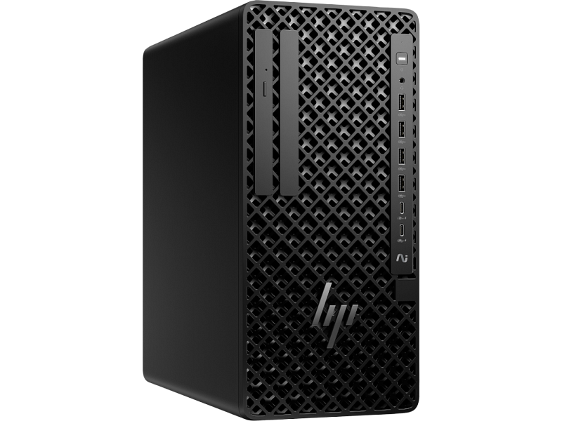 Black HP desktop computer tower on a white background