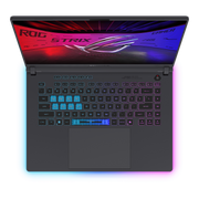 Front view of the Strix G16, with the ROG Fearless Eye logo visible on screen and the keyboard visible