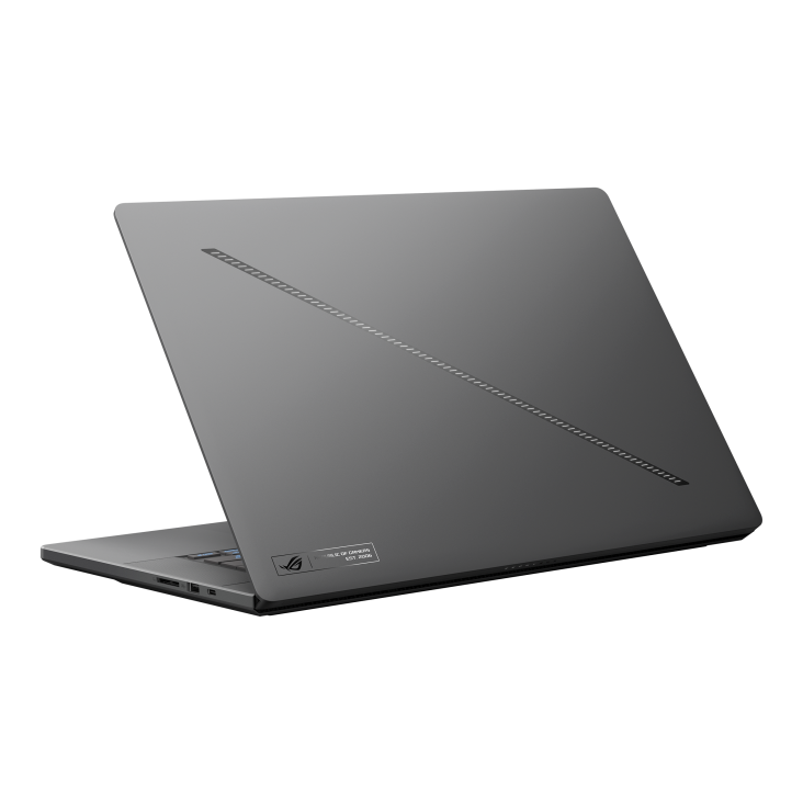 A rear view of the ROG Zephyrus G16 (2025), with the lid half open