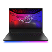 Front view of the Strix SCAR 18, with the ROG Fearless Eye logo visible on screen and the keyboard visible