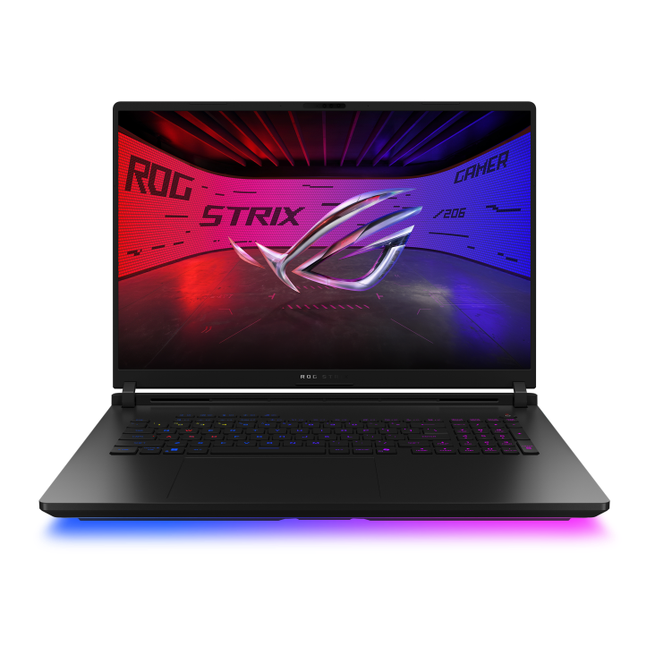 Front view of the Strix SCAR 18, with the ROG Fearless Eye logo visible on screen and the keyboard visible