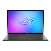 Front view of the ROG Zephyrus G16 (2025), with the ROG Fearless Eye logo visible on screen and the keyboard visible