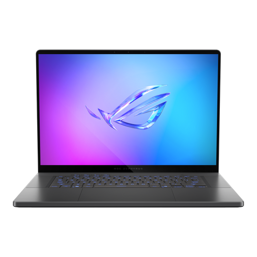 Front view of the ROG Zephyrus G16 (2025), with the ROG Fearless Eye logo visible on screen and the keyboard visible
