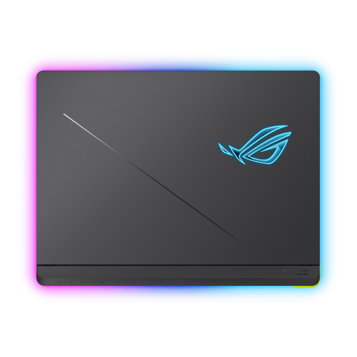 Off center shot of the front of the Strix G16, with the ROG Fearless Eye logo on screen